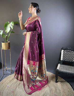 purple woven design zari silk blend paithani saree 2