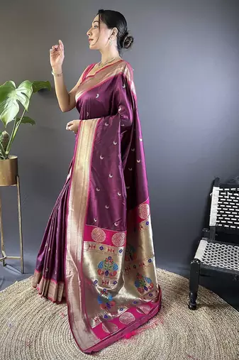 purple woven design zari silk blend paithani saree