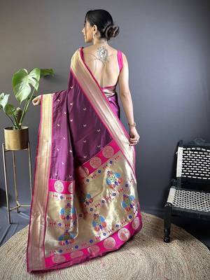 purple woven design zari silk blend paithani saree 3