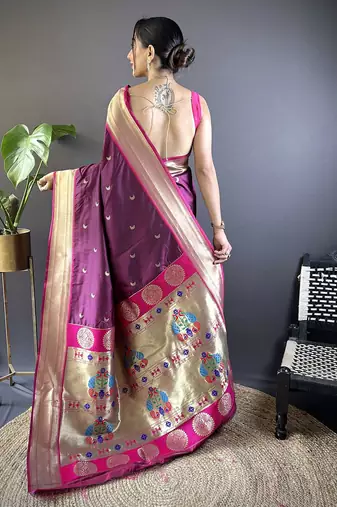 purple woven design zari silk blend paithani saree
