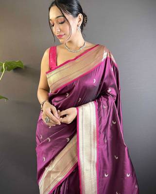 purple woven design zari silk blend paithani saree 4