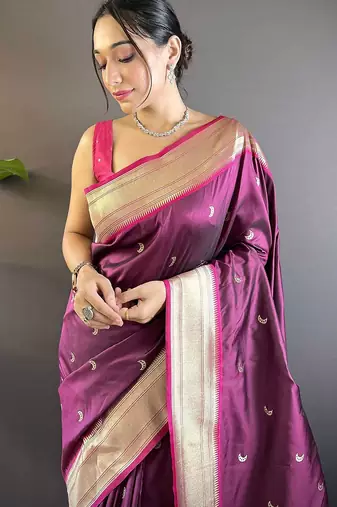purple woven design zari silk blend paithani saree