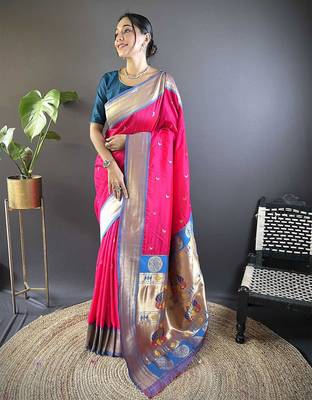 pink woven design zari silk blend paithani saree 1