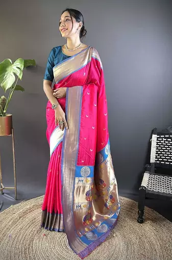 pink woven design zari silk blend paithani saree
