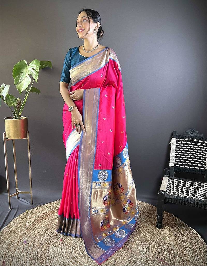 pink woven design zari silk blend paithani saree
