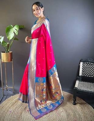 pink woven design zari silk blend paithani saree 2