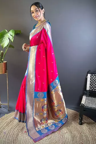 pink woven design zari silk blend paithani saree