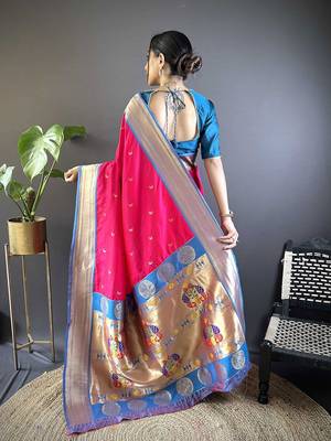 pink woven design zari silk blend paithani saree 3
