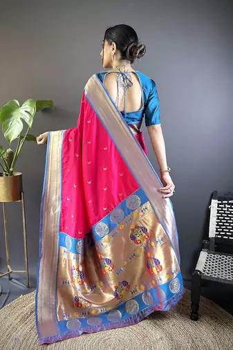 pink woven design zari silk blend paithani saree