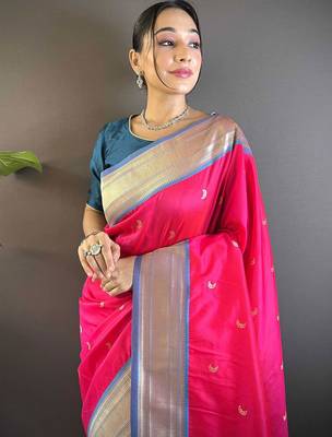 pink woven design zari silk blend paithani saree 4