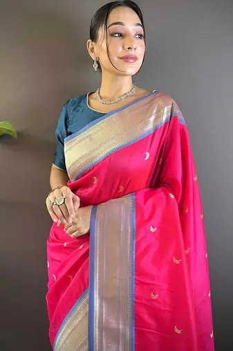 pink woven design zari silk blend paithani saree