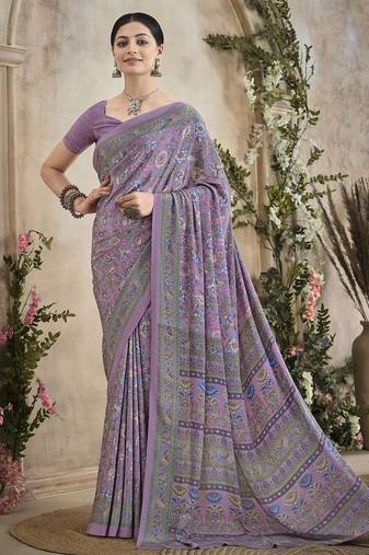 mauve floral poly crepe bagru saree