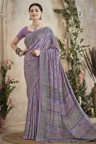 mauve floral poly crepe bagru saree