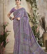 mauve floral poly crepe bagru saree