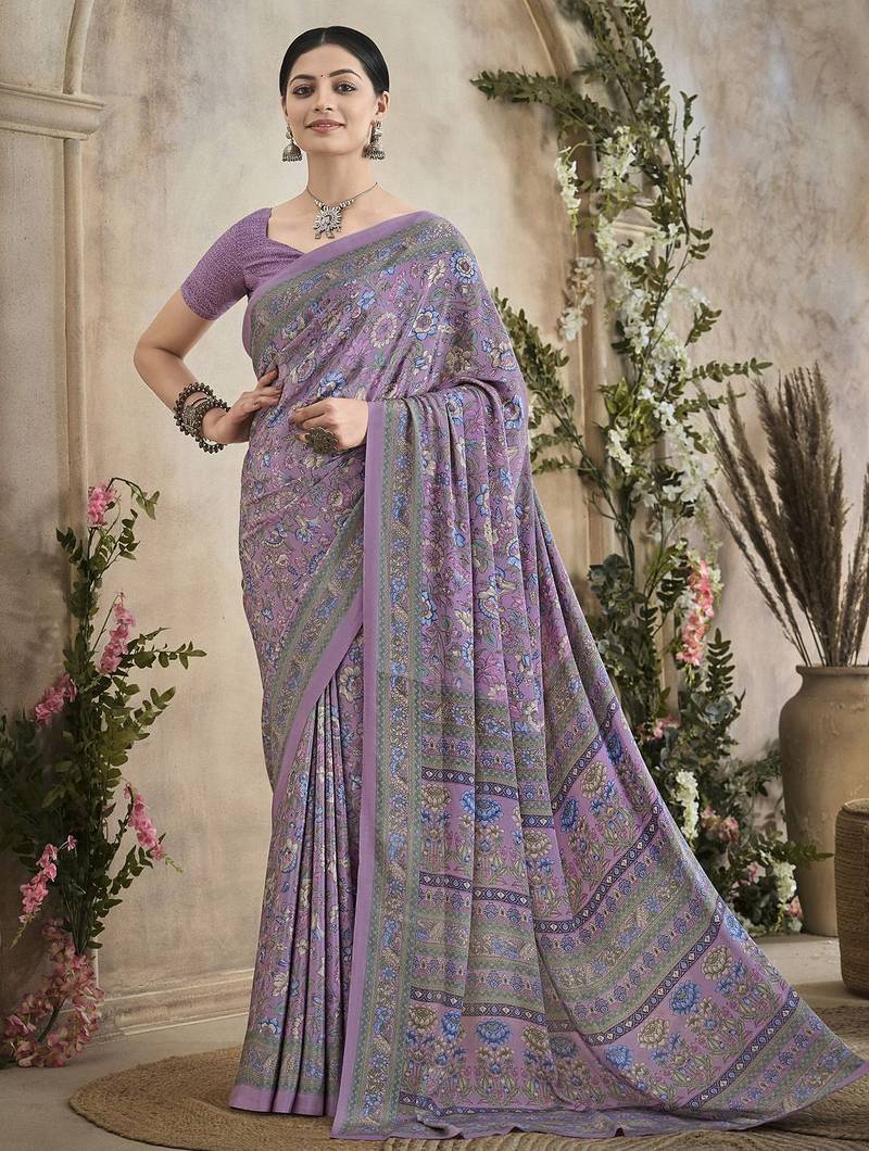 mauve floral poly crepe bagru saree