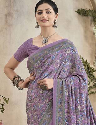 mauve floral poly crepe bagru saree 2