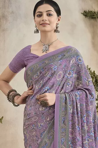 mauve floral poly crepe bagru saree