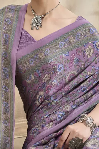 mauve floral poly crepe bagru saree