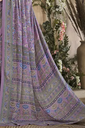 mauve floral poly crepe bagru saree