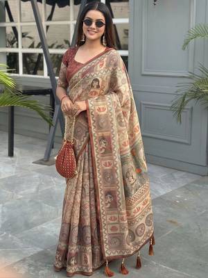 beige ethnic motifs printed pure cotton saree 1