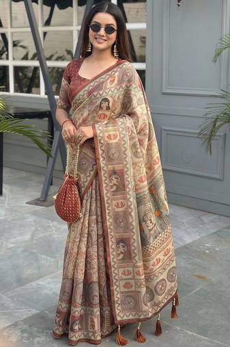 beige ethnic motifs printed pure cotton saree