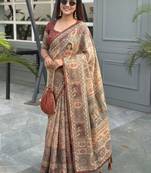 beige ethnic motifs printed pure cotton saree