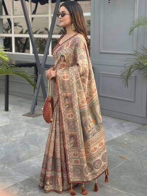 beige ethnic motifs printed pure cotton saree 3