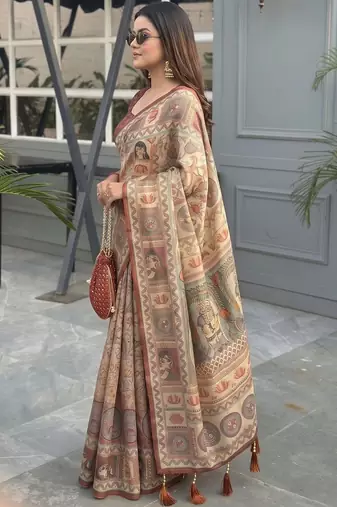 beige ethnic motifs printed pure cotton saree