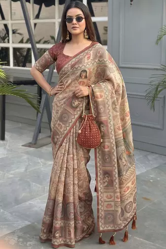 beige ethnic motifs printed pure cotton saree