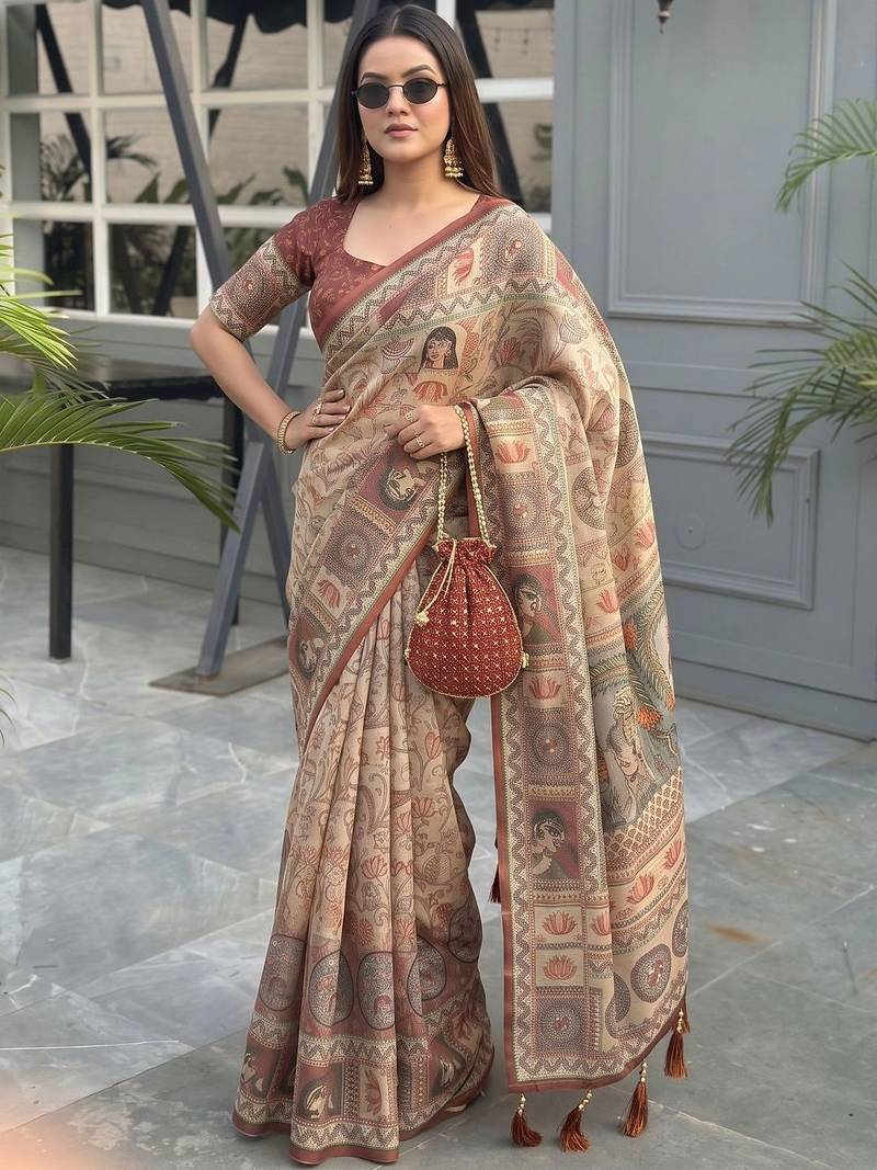 beige ethnic motifs printed pure cotton saree