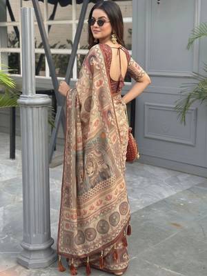 beige ethnic motifs printed pure cotton saree 5