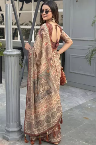 beige ethnic motifs printed pure cotton saree