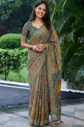 grey ethnic motifs printed pure cotton saree