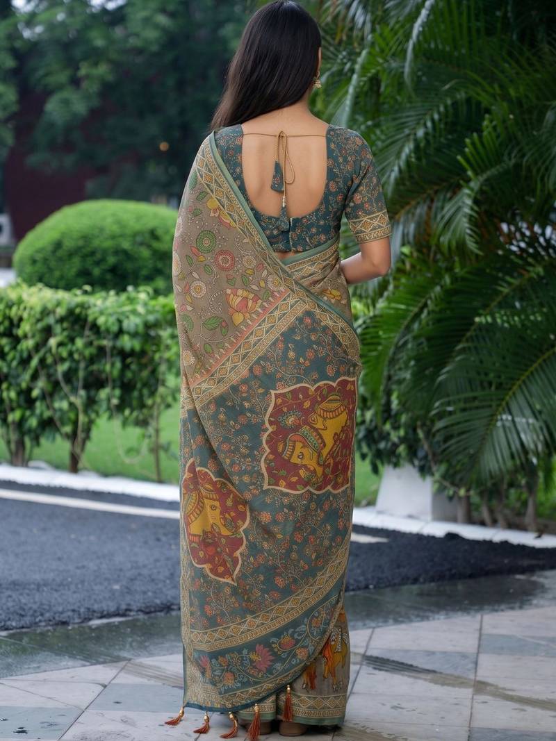 grey ethnic motifs printed pure cotton saree