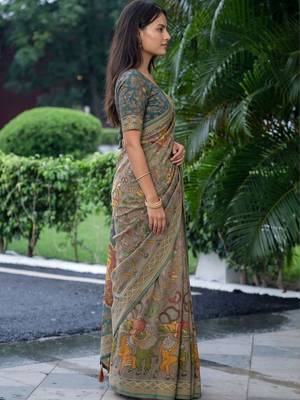 grey ethnic motifs printed pure cotton saree 3