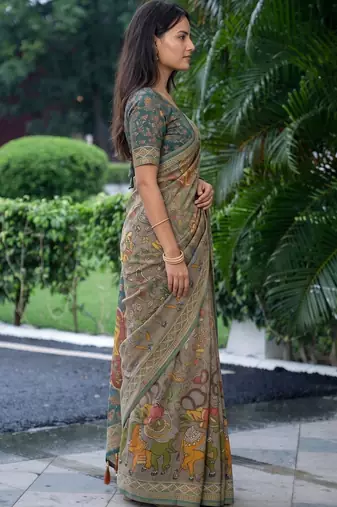 grey ethnic motifs printed pure cotton saree