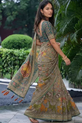grey ethnic motifs printed pure cotton saree