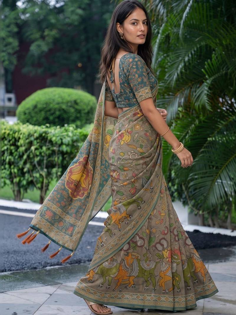 grey ethnic motifs printed pure cotton saree