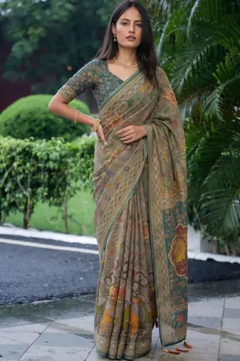 grey ethnic motifs printed pure cotton saree