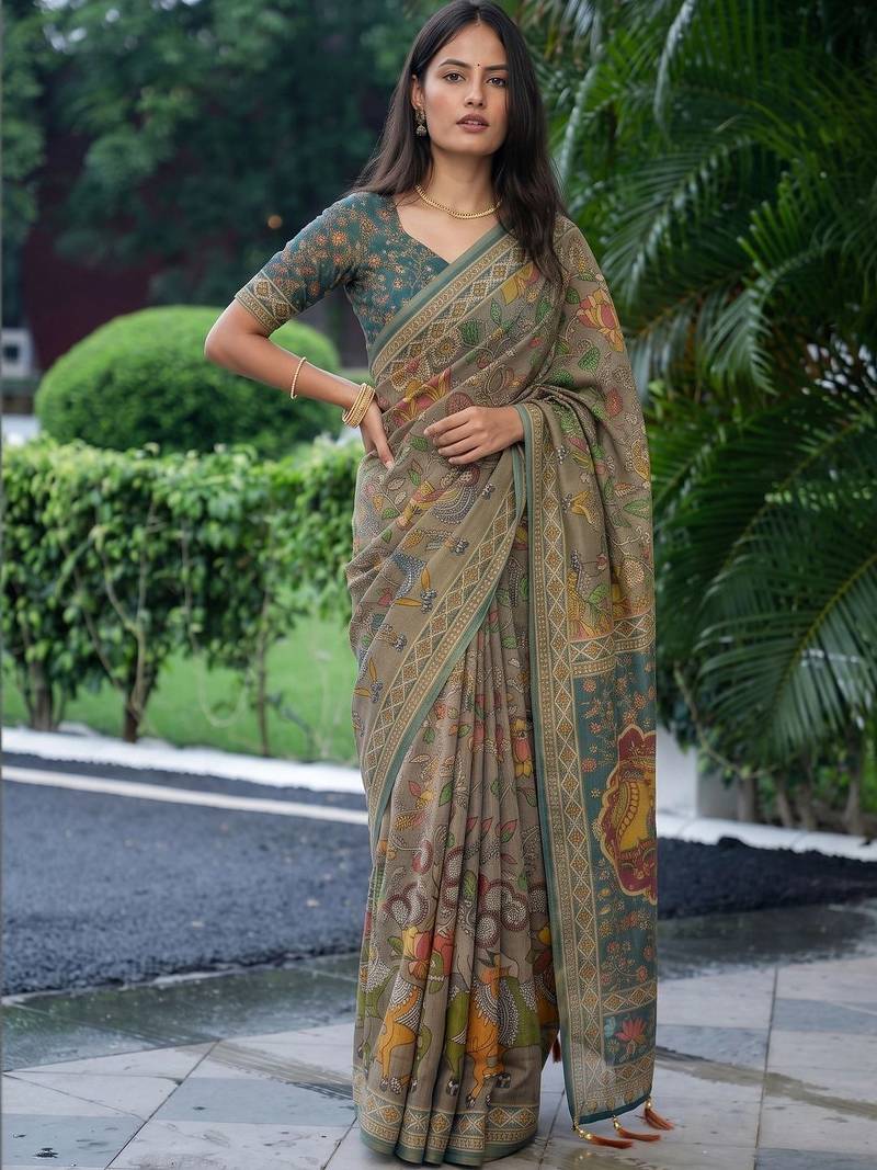 grey ethnic motifs printed pure cotton saree