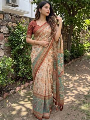 beige ethnic motifs printed pure cotton saree 1
