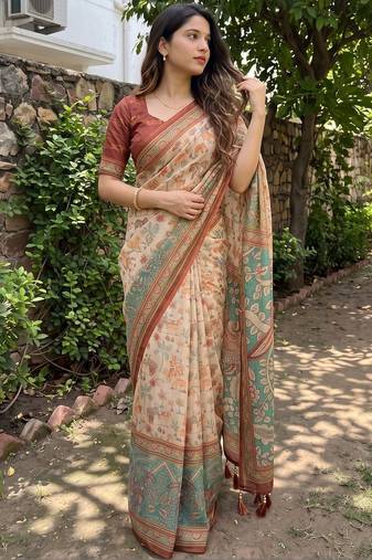 beige ethnic motifs printed pure cotton saree