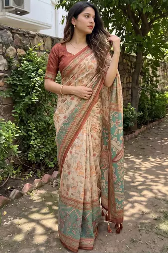 beige ethnic motifs printed pure cotton saree