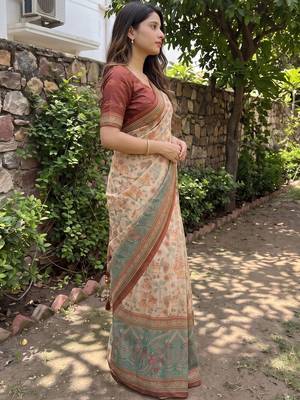 beige ethnic motifs printed pure cotton saree 3