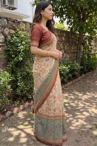 beige ethnic motifs printed pure cotton saree