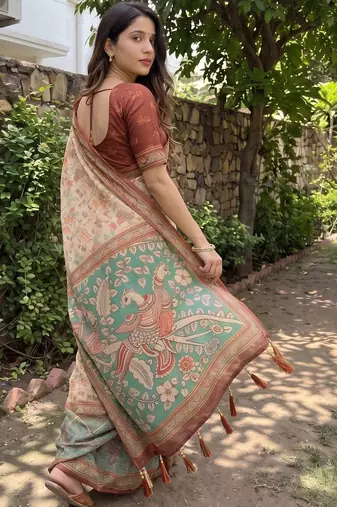 beige ethnic motifs printed pure cotton saree