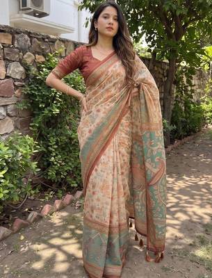 beige ethnic motifs printed pure cotton saree 5