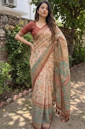 beige ethnic motifs printed pure cotton saree