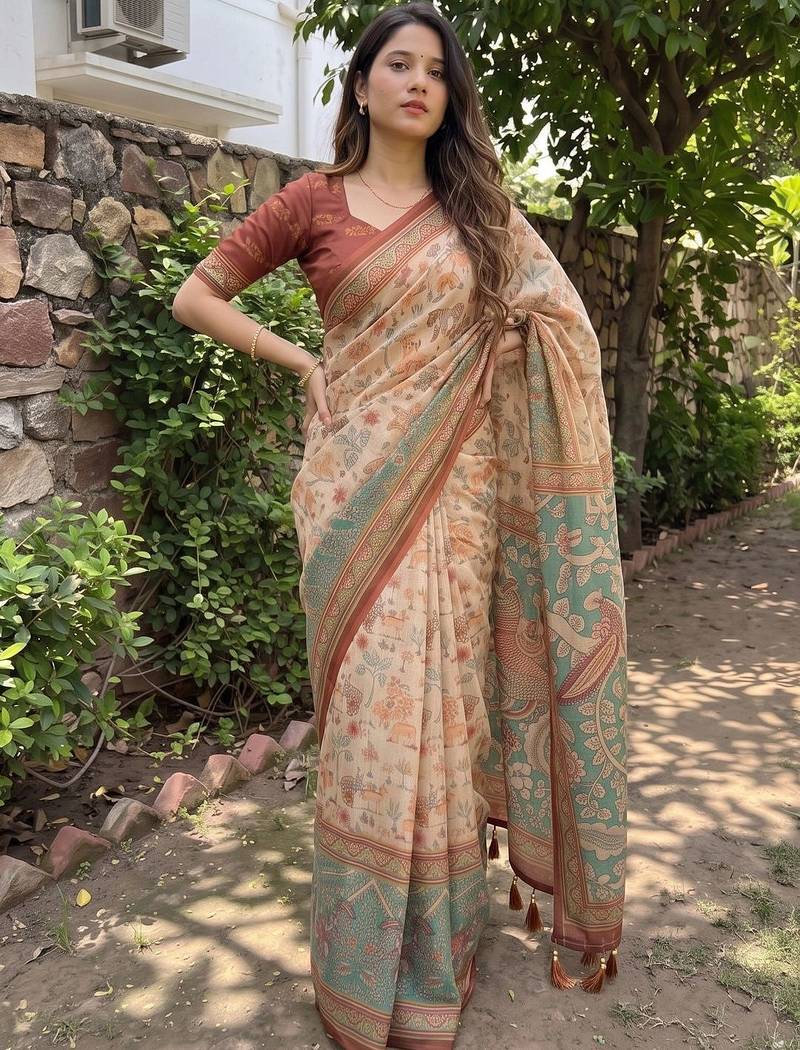 beige ethnic motifs printed pure cotton saree