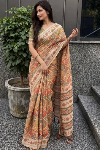 orange ethnic motifs pure cotton saree